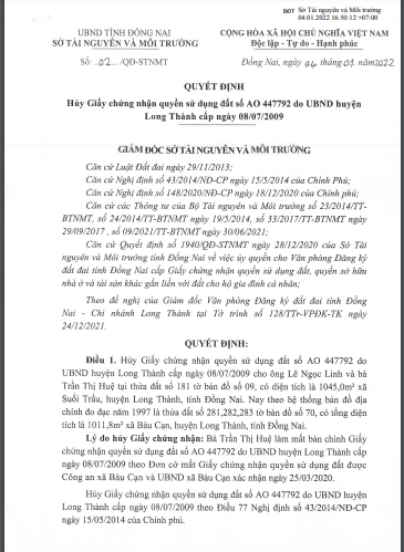 Quyết định Hủy Giấy chứng nhận quyền sử dụng đất số AO 447792 do UBND huyện Long Thành cấp ngày 08/07/2009