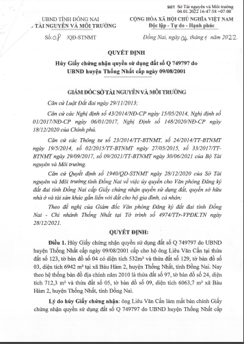 Quyết định Hủy Giấy chứng nhận quyền sử dụng đất số Q 749797 do UBND huyện Thống Nhất cấp ngày 09/08/2001