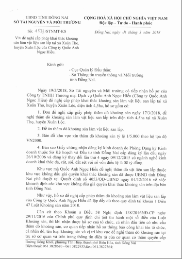 Đề nghị cấp giấy phép khai thác khoáng sản làm vật liệu san lấp tại xã Xuân Thọ, huyện Xuân Lộc của Công ty QUốc Anh Ngọc Hiếu