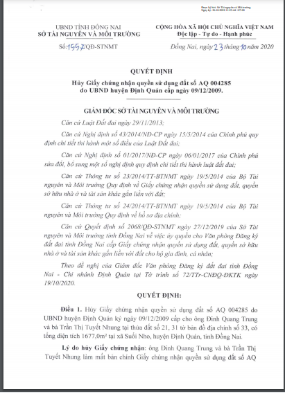 Quyết định hủy giấy chứng nhận quyền sử dụng đất số AQ 004285 do UBND huyện Định Quán cấp ngày 09/12/2009