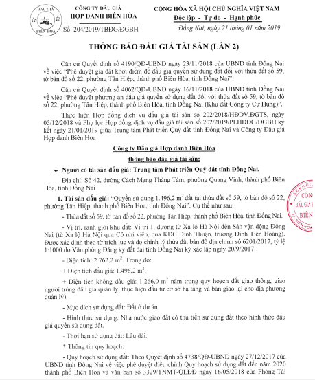 Thông báo đấu giá tài sản (lần 2) (Tờ 22 thửa 59 phường Tân Hiệp)
