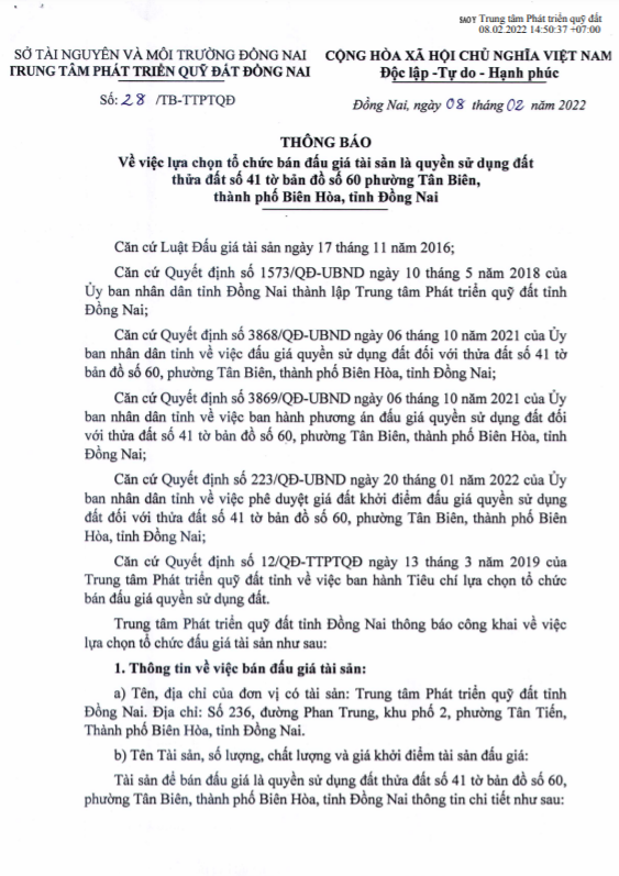 Thông báo về việc lựa chọn tổ chức bán đấu giá tài sản là quyền sử dụng đất thửa đất số 41, tờ bản đồ số 60 phường Tân Biên, TP. Biên Hòa, tỉnh Đồng Nai.