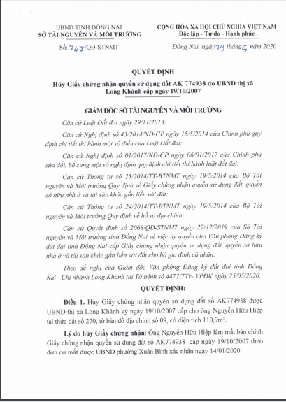 Quyết định hủy giấy chứng nhận quyền sử dụng đất số AK 774938 do UBND thị xã Long Khánh cấp ngày 19/10/2007