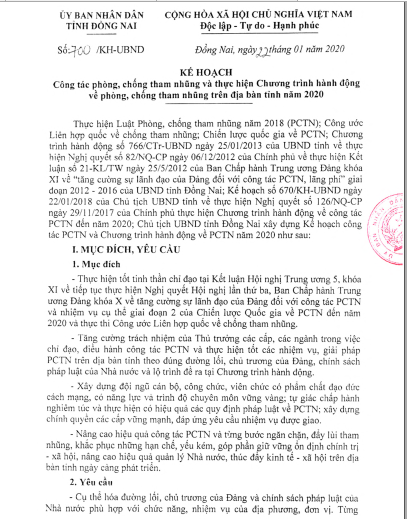 Kế hoạch 700/KH-UBND ngày 22/01/2020 của UBND tỉnh Đồng Nai về việc công tác phòng, chống tham nhũng và thực hiện Chương trình hành động về phòng, chống tham nhũng trên địa bàn tỉnh Đồng Nai năm 2020